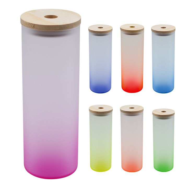 500ml Sublimation Skinny Glass Bottle(Frosted,Gradient Color) with Wooden Lid(Sublimatable),7 Colors